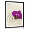Plakat s paspartujem peščeni Zen vrt z vijolično orhidejo - 40x60 no frame