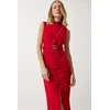 Happiness Istanbul Womens Red Belted Gathered Knitted Dress