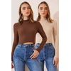 Happiness Istanbul Womens Brown Cream 2-Pack Ribbed Turtleneck Crop Knitted Blouse