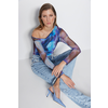 Trendyol Blue Patterned Tulle Back Sheer Transparent Fitted/Sticky Snaps Knitted Bodysuit