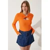 Happiness Istanbul Womens Orange Cut Out Detailed Ribbed Knitted Blouse