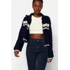 Trendyol Navy Blue Crop Color Block stojalo Visoki ovratnik Pletenine Cardigan