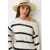 Happiness Istanbul Womens Black Ecru Striped Knitwear Blouse