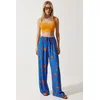 Happiness Istanbul Womens Vibrant Blue Orange Patterned Flowing Viscose Palazzo Trousers