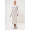 Trend Alaçati Stili Womens Stone Crew Neck Long Sleeve Interlock Fabric Maxi Length Dress