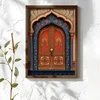 WallXpert uramljena MDF slika NAL045-70, crvena vrata sa zlatnim ornamentima u plavom orijentalnom luku, 50 x 70 cm