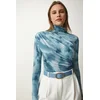 Happiness Istanbul Womens Light Blue Draped High Neck Sandy Blouse