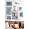 WallXpert set od 8 manjih uramljenih slika Çgs-058, plavi motivi – veliki talas u roze tonovima, cvetne šare, leptiri i porcelanski tanjir, crni ram