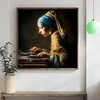 WallXpert uramljena MDF slika DOS058-70, parodija Devojke sa bisernom minđušom za gramofonom, 70 x 70 cm