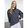 Trendyol Navy Blue Striped Balloon Sleeve Polo Neck Knitwear Sweater
