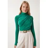 Happiness Istanbul Womens Vivid Green Gathered Detailed Stand Collar Sandy Blouse