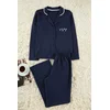 Trendyol Navy Blue Cotton Piping and Pocket Detailed Printed Knitted Pajama Set