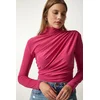 Happiness Istanbul Womens Pink Gathered Detailed High Neck Sandy Blouse