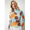 Happiness Istanbul Womens Orange Blue Draped Stand Up Sandy Blouse