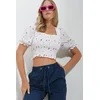 Trend Alacati Stili Ženska bluza kratkih rukava ALC-X11651, Brod izrez, Bela