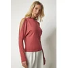 Happiness Istanbul Womens Dry Rose Standing Collar Open-Shoulder Knitwear Blouse