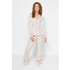Trendyol Beige 100% Cotton Heart Patterned Shirt-Pants and Knitted Pajamas Set