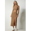 Happiness Istanbul Womens Biscuit Ribbed Crop Skirt Knitwear Suit