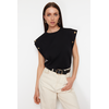 Trendyol Black 100% Cotton Button Detailed Wadding Look Basic Crew Neck Knitted T-Shirt