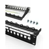 Nikcorp Oklopljen 12-portni prazen patch panel 10 za Keystone module z letvijo za kable, črn, CAT5/6/6A/7/8, RJ45