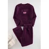 Trendyol Curve Purple Slogan and Heart Plush/Wellsoft Knitted Pajama Set