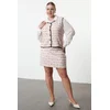 Trendyol Curve Pink Round Collar Tweed Black Piping Buttoned Plus Size Vest