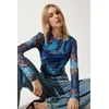 Happiness Istanbul Womens Blue Light Transparent Crop Tulle Knitted Blouse
