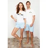 Trendyol Womens Couple/Pair White-Multicolor 100% Cotton Striped Knitted Pajamas Set