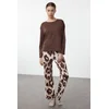 Trendyol Brown 100% Cotton Leopard Print Knitted Pajamas Set