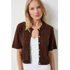 Happiness Istanbul Womens Brown Openwork Seasonal Knitwear Cardigan