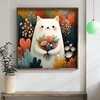 WallXpert uramljena MDF slika DOS006-70, bela mačka sa buketom cveća među šarenim biljkama, 70 x 70 cm
