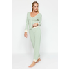 Trendyol Green Striped Cotton Tshirt with Cuff and Piping Detail - Jogger Knitted Pajama Set