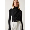 Happiness Istanbul Womens Black Shirred Detail Standing Collar Sandy Blouse