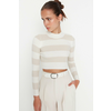 Trendyol Ecru Crop Cotton Striped Knitwear Sweater