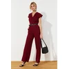 Trendyol Burgundy Belted Double Breasted Collar Wide Leg Woven Jumpsuit