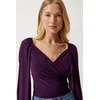 Happiness Istanbul Womens Damson Elastic Balloon Sleeve Sandy Knitted Blouse