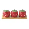 3-piece strawberry-shaped porcelain appetizer bowl set, with bamboo tr