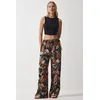 Happiness Istanbul Womens Black Tile Patterned Flowing Viscose Palazzo Trousers