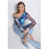 Trendyol Blue Patterned Tulle Back Sheer Transparent Fitted/Sticky Snaps Knitted Bodysuit