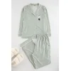 Trendyol Curve Mint Striped Shirt Collar Piping Knitted Pajamas Set