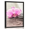 Plakat s paspartujem orhideja in Zen kamni na lesenem ozadju - 30x45 white