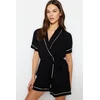 Trendyol Black Belted Piping Detailed Viscose Shirt-Short Woven Pajamas Set