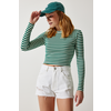 Happiness Istanbul Womens Dark Green Crew Neck Striped Crop Knitted Blouse