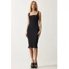 Happiness Istanbul Women's Black Button-Strapped Corduroy Knitted Dress