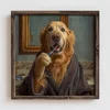 WallXpert uramljena MDF slika DOS049-33, zlatni retriver u bademantilu pere zube, 34 x 34 cm