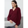 Trendyol Burgundy Openwork/Hole V Neck Knitwear Sweater