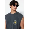 Trendyol Anthracite Oversize/Wide Cut Faded Effect Text Print 100% Cotton T-Shirt/Athlete