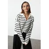 Trendyol Ecru Wide Pattern Polo Collar Striped Knitwear Sweater