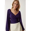 Happiness Istanbul Womens Purple Elastic Balloon Sleeve Sandy Knitted Blouse