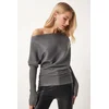 Happiness Istanbul Womens Anthracite Asymmetric Collar Ribbed Sweater